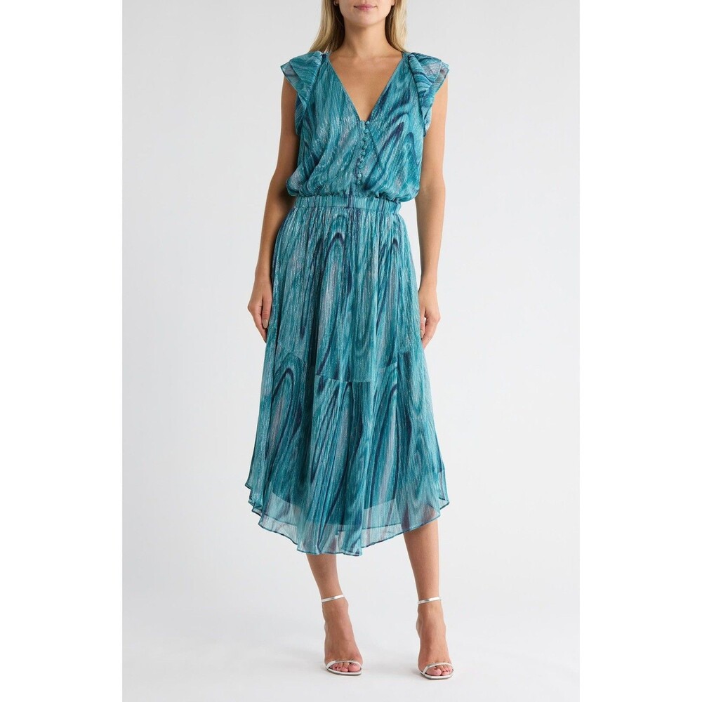NWT Ramy Brook Shiny Liona Button front Midi Dress women’s XS Blue swirl $525